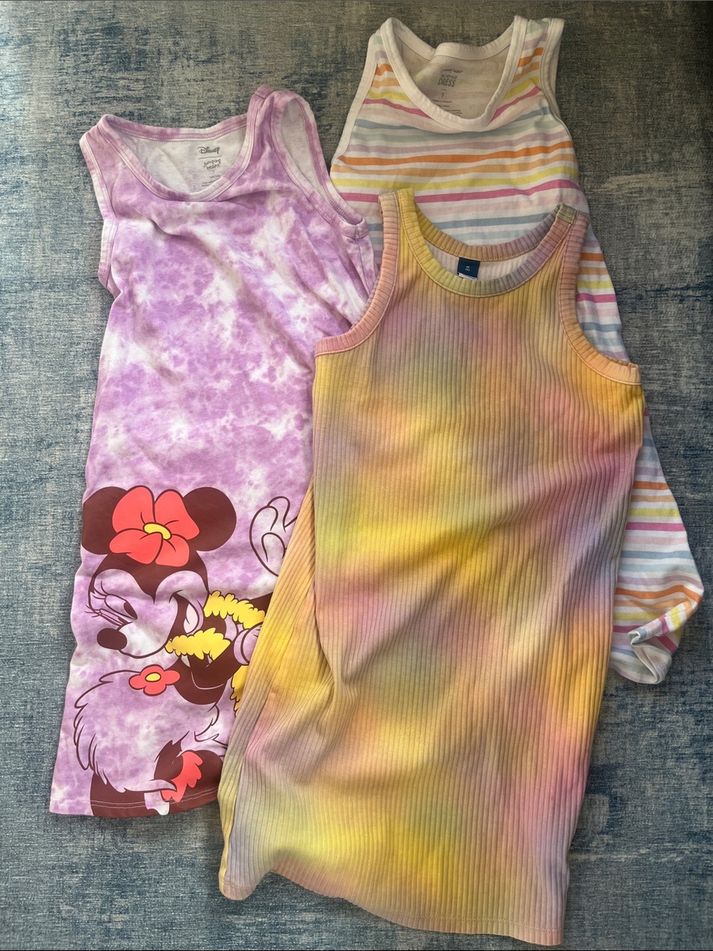 Bundle 3 Girls Tank Tops dresses - Tie-Dye, Pastel Stripe & Minnie Print